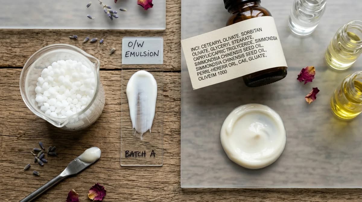Flat lay bahan kimia kosmetik — gelas beaker dengan pelet emulsifier putih, kaca preparat mikroskop dengan olesan krim, closeup label INCI cetak, dan swatch tekstur krim jadi di permukaan kaca frosted, cahaya alami, gaya fotografi editorial