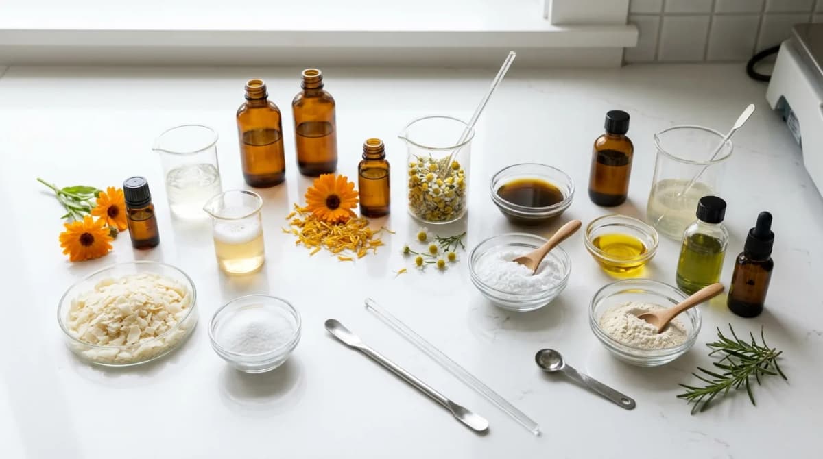 flat lay of natural shampoo ingredients — coconut-derived surfactants, amino acid powders, botanical extracts, small glass beakers on a clean white laboratory surface, soft diffused lighting, professional cosmetic chemistry aesthetic