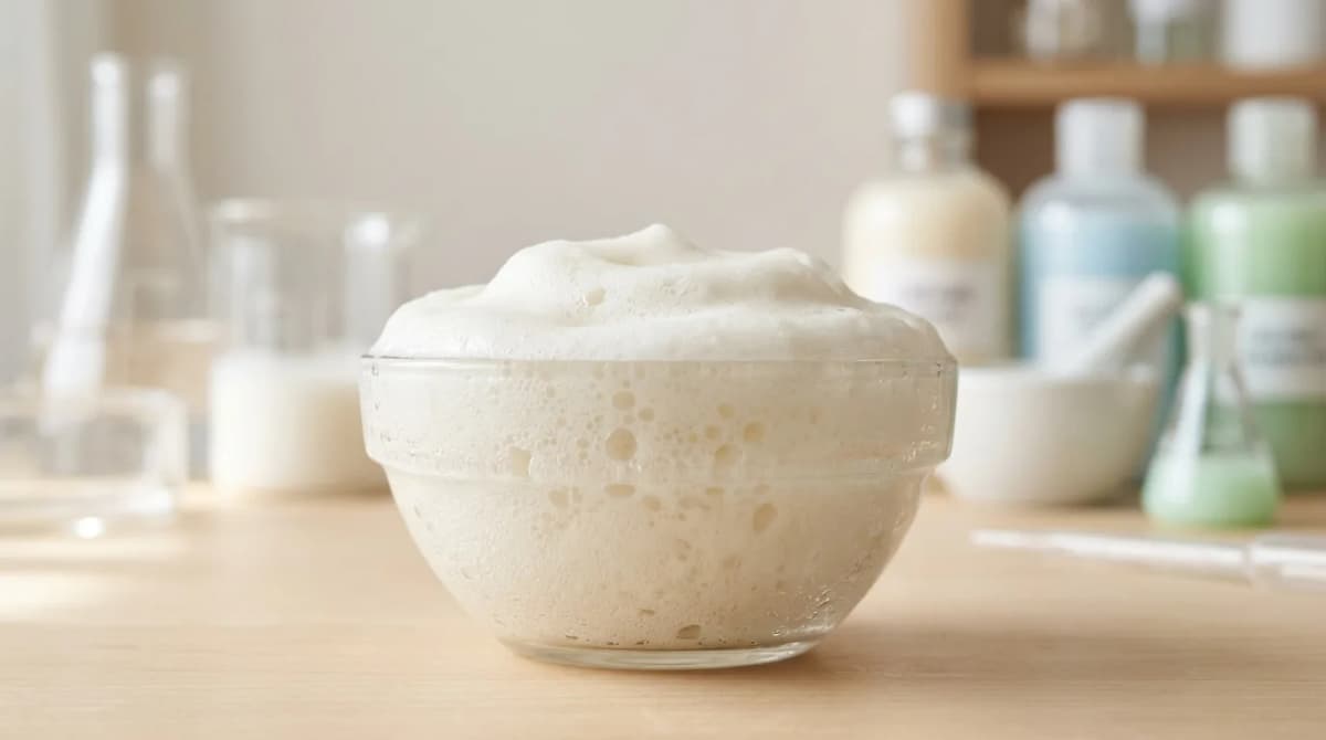 close-up macro shot of rich creamy shampoo foam texture in a transparent glass bowl, soft natural side lighting, clean minimalist laboratory background, pastel tones