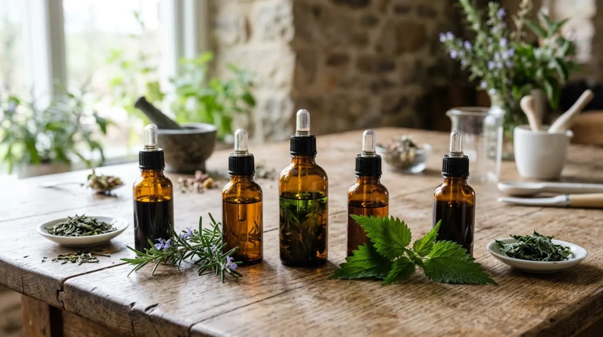 arrangement of botanical extracts in amber glass dropper bottles with fresh plant specimens — rosemary sprigs, nettle leaves, green tea — on a rustic wooden surface, natural daylight, cosmetic brand aesthetic