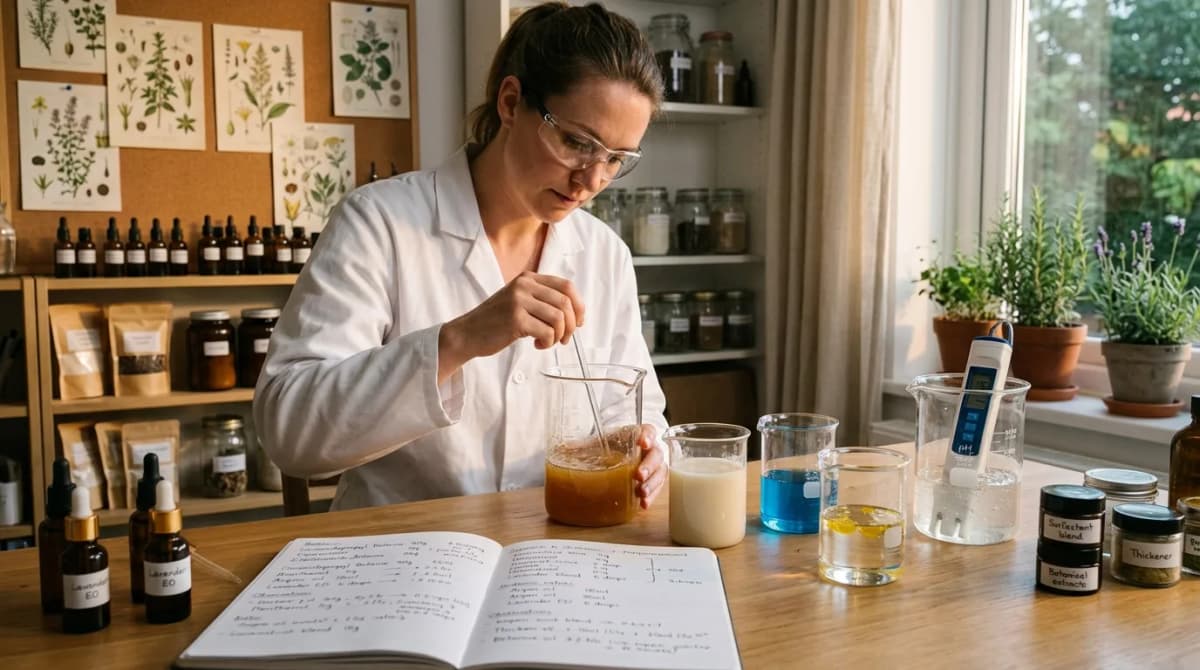 step-by-step shampoo formulation process in a small home lab — glass beakers with colored liquids, digital pH meter, glass stirring rod, handwritten formula notes on paper, warm natural lighting