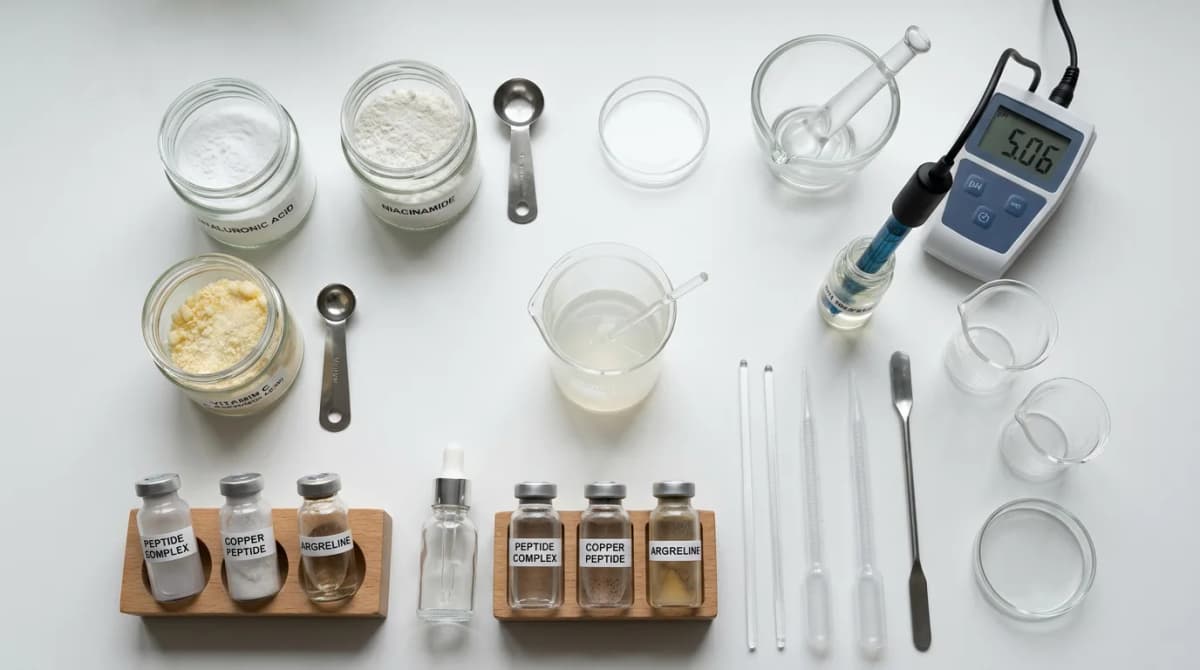 Flat lay of cosmetic serum ingredients: hyaluronic acid powder, niacinamide, vitamin C, peptide vials, pH meter, glass beakers on white laboratory background, professional product photography style