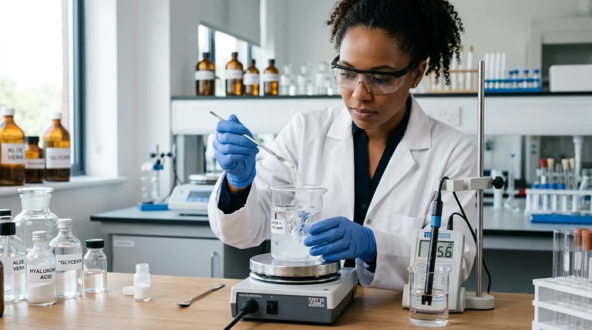 Close-up of a cosmetic chemist adding hyaluronic acid powder to a beaker of water, laboratory setting with pH meter and magnetic stirrer, soft natural lighting, educational photography