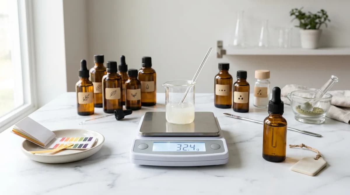 Organized cosmetic formulation workspace with labelled ingredient bottles, digital scale, pH strips, and a finished serum in a dropper bottle on a marble surface, clean minimalist style