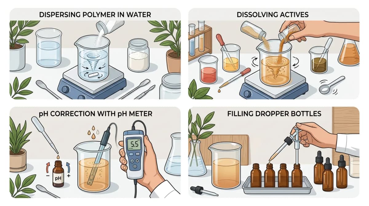 Step-by-step serum making process: dispersing polymer in water, dissolving actives, pH correction with pH meter, filling dropper bottles — four-panel educational flat lay illustration on white background