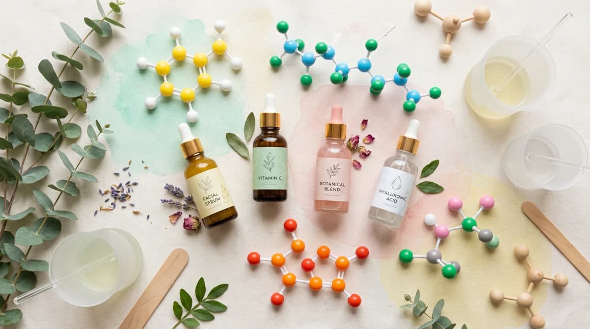 Flat lay of cosmetic serum bottles with dropper, surrounded by 3D molecular model structures, soft laboratory aesthetic, pastel tones, professional product photography