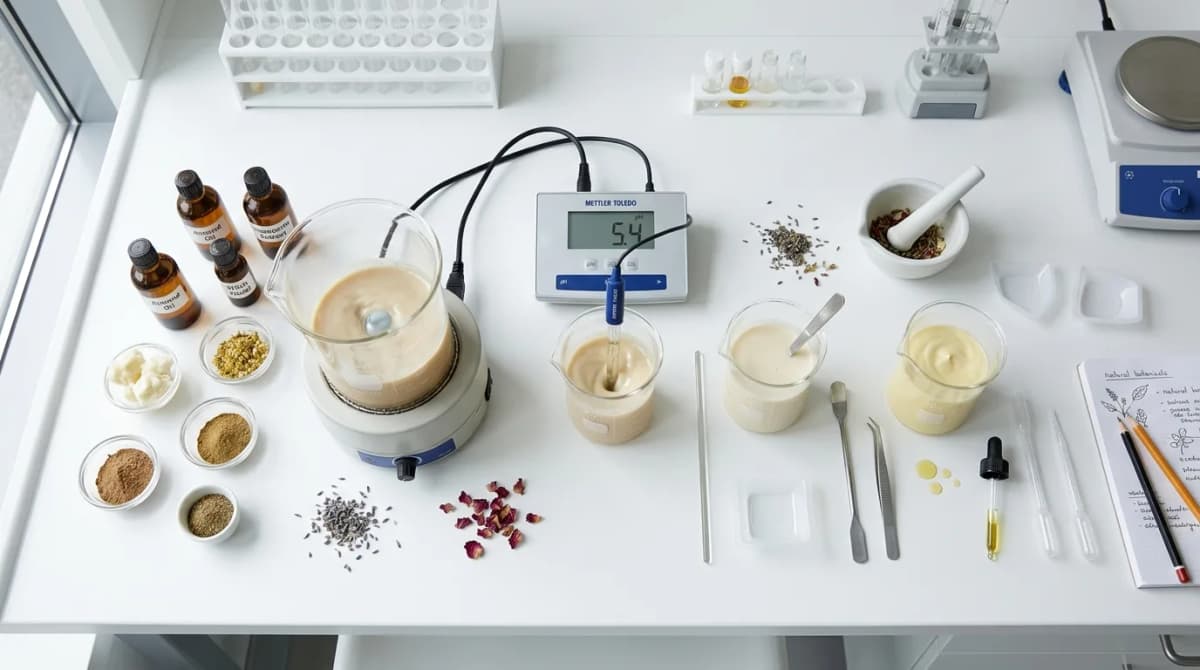Step-by-step cosmetic laboratory formulation process, glass beakers and digital pH meter on clean white bench, top-down view, professional scientific photography, natural lighting