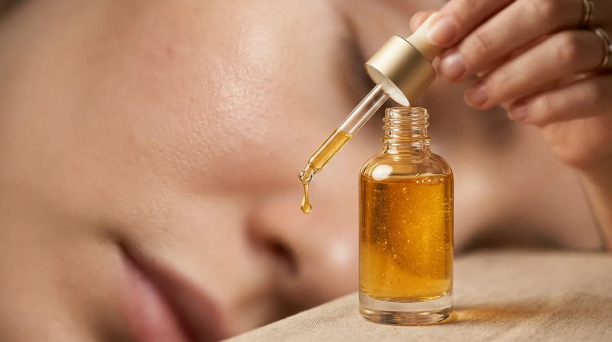 Close-up of a dropper serum bottle with golden peptide serum inside, skin texture background blurred, premium cosmetic product photography, warm soft lighting, luxury feel