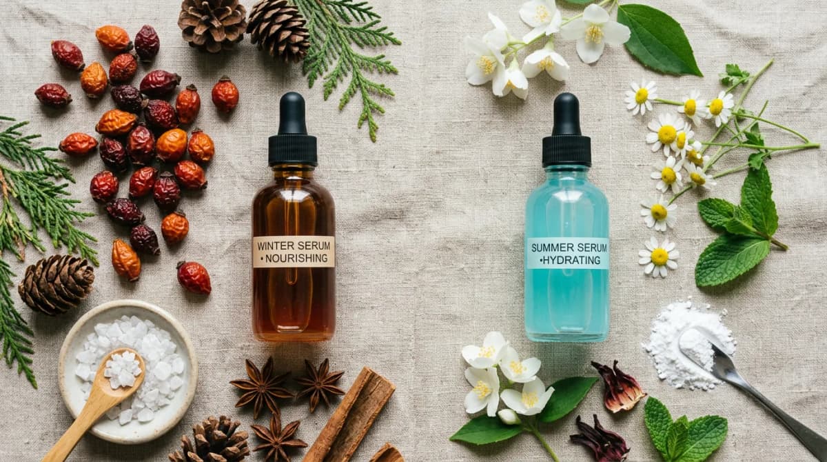 A flat lay of two serums side by side — one with rich amber tones for winter, one with light aqua tones for summer, surrounded by seasonal botanical ingredients like rosehip berries and niacinamide powder on a neutral linen background