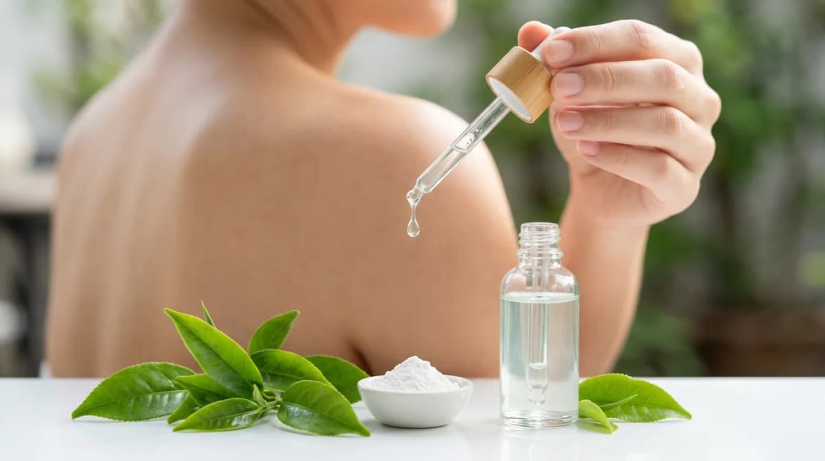 Light watery serum being dropped onto skin in a summer setting, with green tea leaves, niacinamide powder and lightweight dropper bottle on a bright white background with natural sunlight