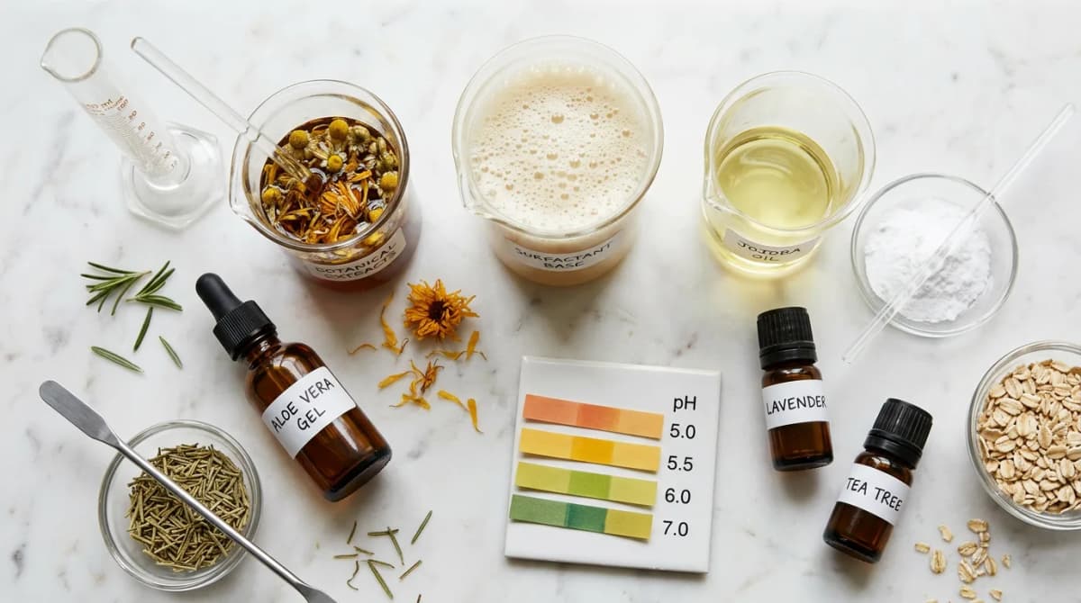 Close-up bahan-bahan formula sampo dalam gelas beaker — busa surfaktan, ekstrak botani, kertas indikator pH — flat lay di atas marmer putih, gaya fotografi beauty editorial, pencahayaan alami