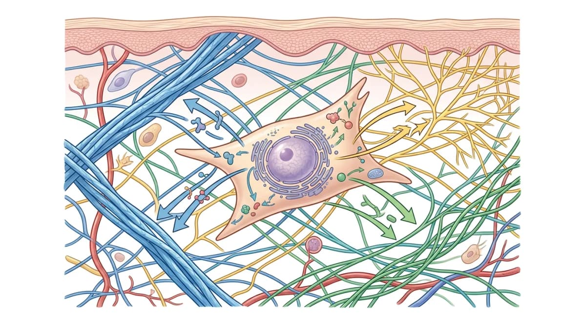 Ilustrasi penampang ilmiah dermis kulit manusia yang menunjukkan protein matriks ekstraseluler: berkas serat kolagen, mikrofibril fibrilin, jaringan elastin, sel fibroblas, dengan label jalur sinyal peptida dan panah yang menunjukkan aktivasi sintesis protein, gaya infografis bersih dengan latar belakang putih