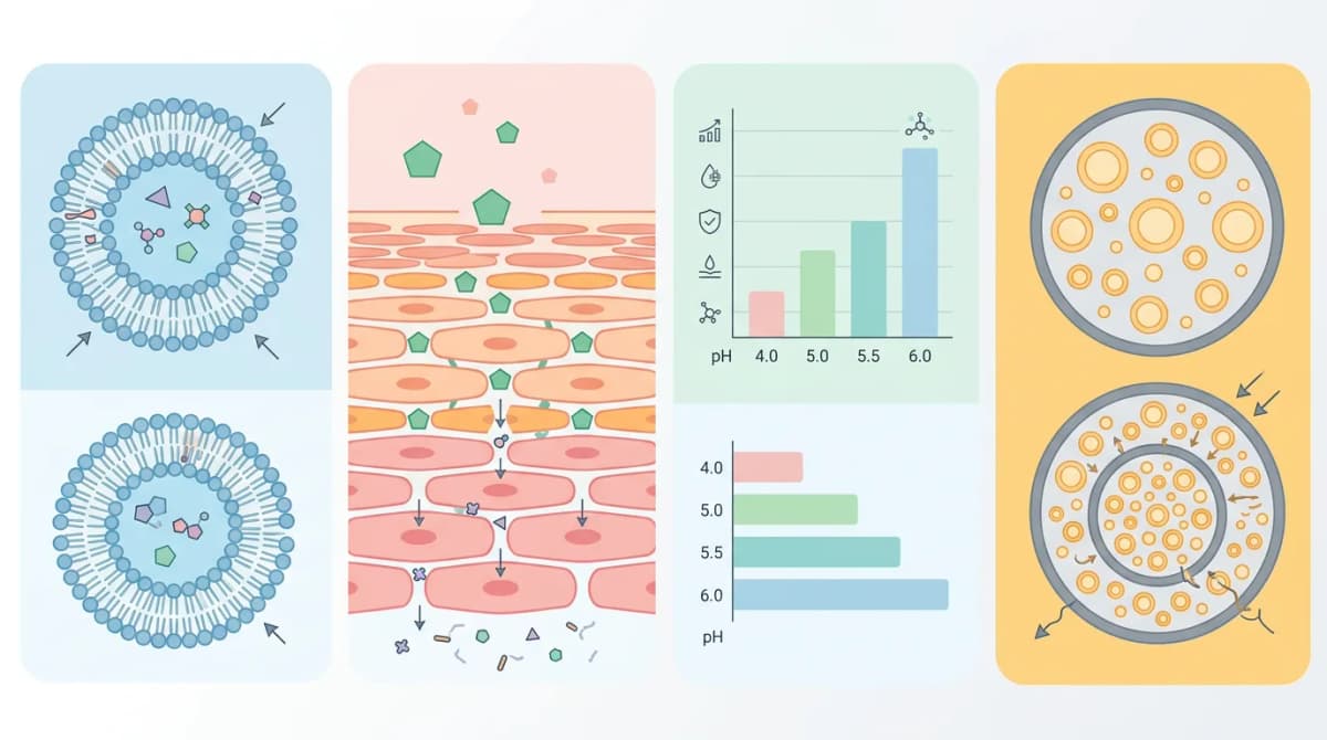 Infografis desain datar bersih yang membandingkan mekanisme penghantaran peptida: diagram enkapsulasi liposom, interaksi molekul penetration enhancer dengan stratum korneum, grafik batang optimalisasi pH (rentang 4,0-6,0), perbandingan ukuran tetesan emulsi, palet warna pastel, gaya edukasi kimia kosmetik