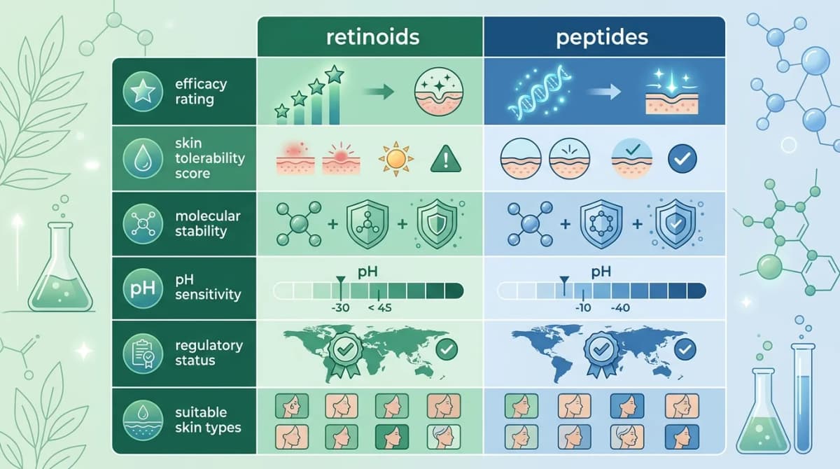 Bagan perbandingan ilmiah berdampingan: tabel perbandingan retinoid vs peptida dengan ikon — peringkat efikasi, skor tolerabilitas kulit, stabilitas molekul, sensitivitas pH, status regulasi, jenis kulit yang cocok, desain minimal modern dengan skema warna hijau dan biru