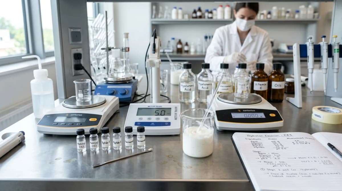 Ruang kerja laboratorium kimia kosmetik profesional: meja bersih dengan botol bubuk peptida berlabel, pH meter digital menunjukkan 5,0, timbangan digital presisi, gelas kimia dengan krim emulsi putih, buku catatan formulasi terbuka dengan catatan tulisan tangan, pencahayaan alami lembut, gaya foto realistis
