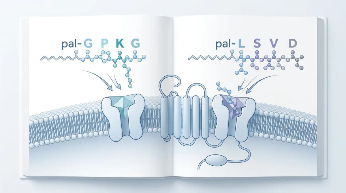 Diagram molekuler dari dua urutan peptida pal-GPKG dan pal-LSVD yang berinteraksi dengan reseptor fibroblas kulit, gaya ilustrasi ilmiah, latar belakang putih bersih, rantai asam amino berlabel, palet warna biru dan putih lembut