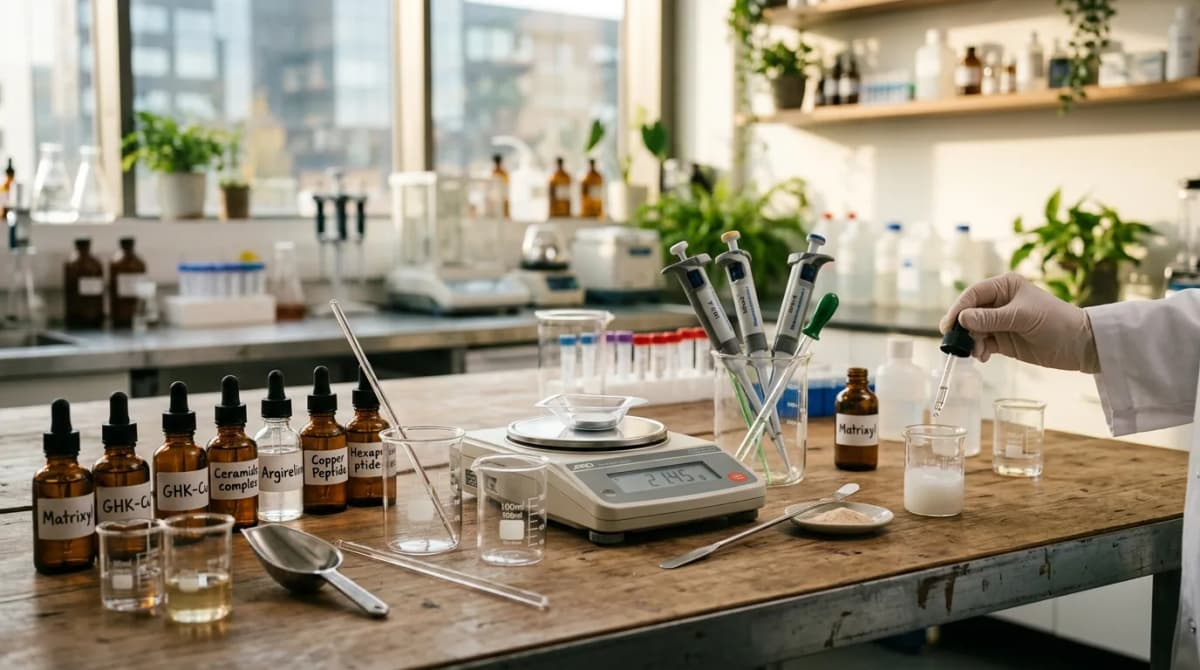 Meja lab kosmetik profesional dengan gelas kimia kecil, botol penetes berlabel nama peptida seperti Matrixyl dan GHK-Cu, timbangan digital presisi, pipet, pencahayaan alami yang hangat, estetika yang mudah didekati namun ilmiah