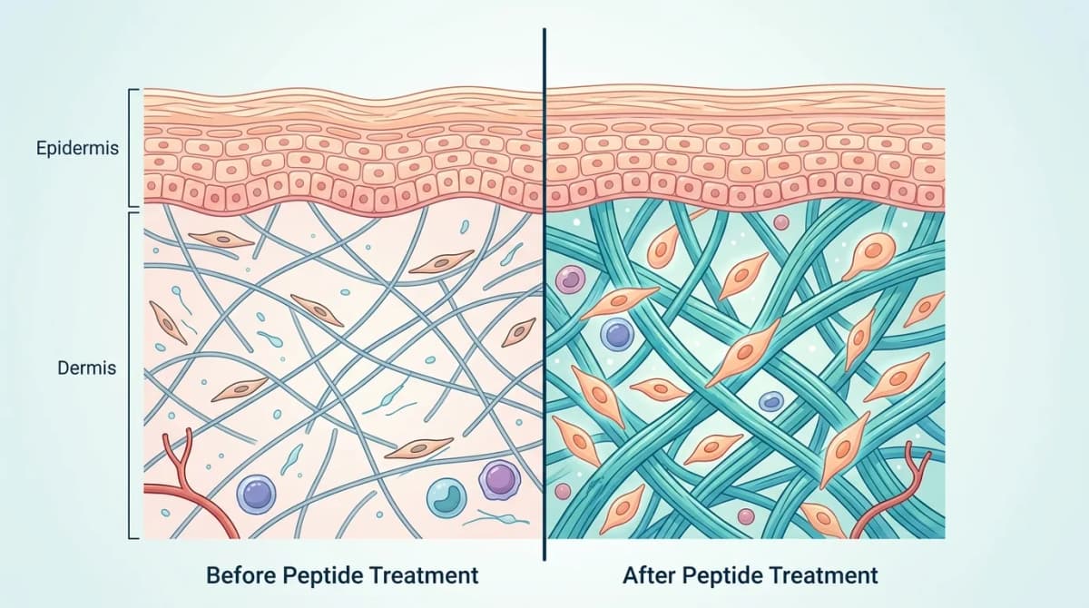 Infografis pendidikan layar terbagi yang menunjukkan penampang kulit sebelum dan sesudah perawatan peptida, sisi kiri menunjukkan serat kolagen yang jarang dan fibroblas datar, sisi kanan menunjukkan jaringan kolagen padat dan fibroblas aktif, gaya ilustrasi modern yang bersih