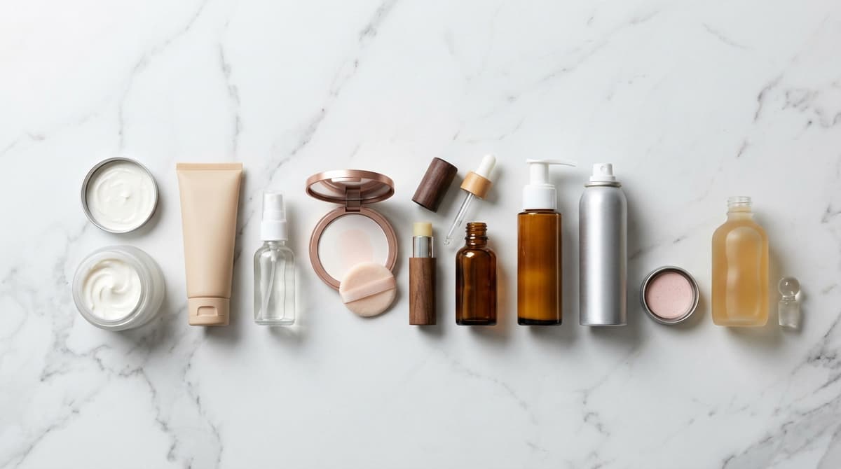 Flat lay of 10 different cosmetic product types arranged on a white marble surface — cream jar, gel tube, spray bottle, powder compact, lip balm stick, serum dropper, lotion pump, aerosol can, pressed tablet, suspension bottle — soft natural lighting, editorial beauty photography style