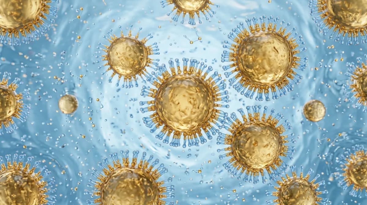 Cross-section microscopy illustration of oil-in-water emulsion showing oil droplets surrounded by emulsifier molecules dispersed in water phase, scientific visualization with soft blue and gold tones, educational cosmetic chemistry style