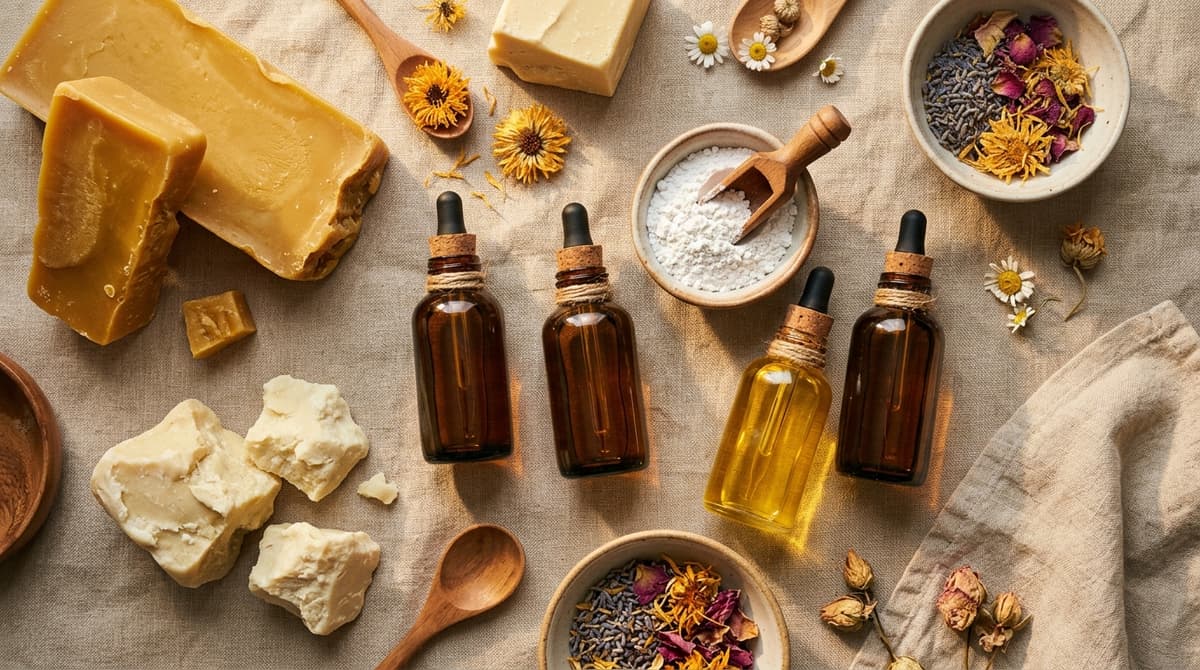 Artistic flat lay of anhydrous cosmetic ingredients — beeswax blocks, shea butter chunks, plant oils in small glass bottles, zinc oxide powder — warm golden lighting on natural linen background, editorial beauty photography style