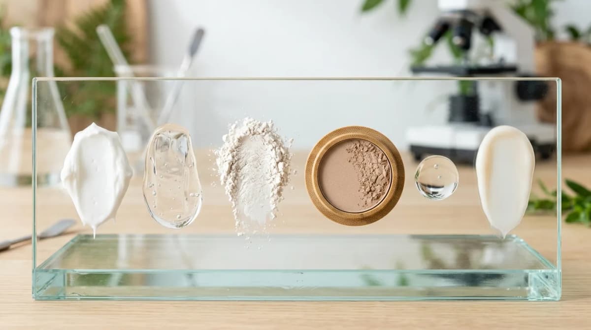 Detailed close-up of various cosmetic formula textures arranged in swatches on glass — thick white cream, transparent gel, loose powder, pressed powder compact, clear solution, opaque lotion — macro photography, scientific beauty editorial aesthetic