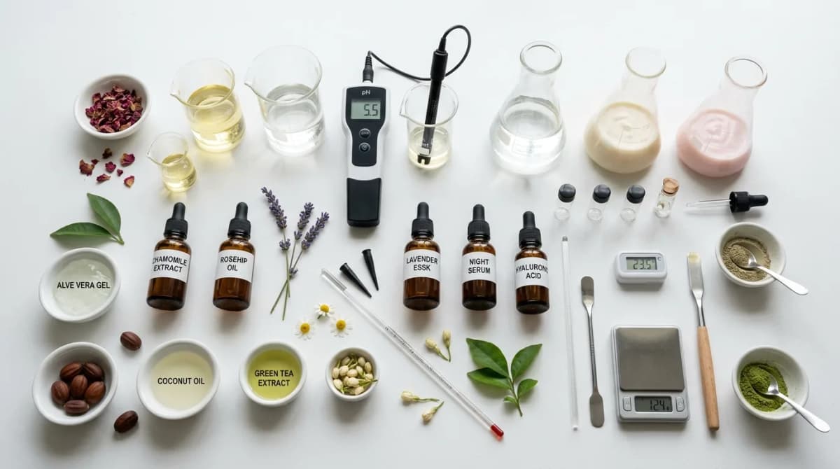 Flat lay of cosmetic chemistry lab setup with beakers, pH meter, dropper bottles and botanical extracts on white background, professional product photography style