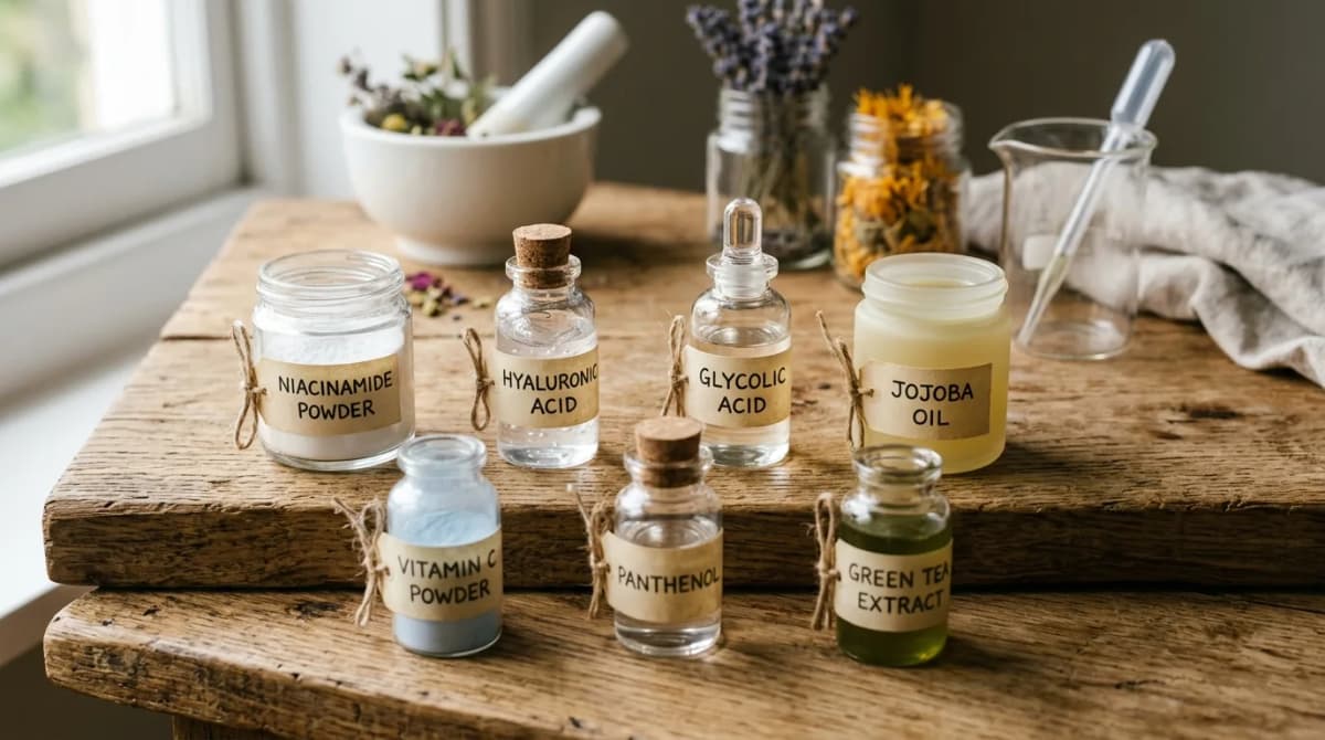 Close-up of various active cosmetic ingredients in small glass vials — niacinamide powder, hyaluronic acid, glycolic acid — labelled on wooden surface, soft natural lighting
