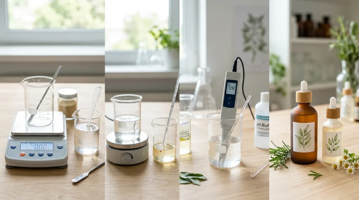 Step-by-step cosmetic formulation process showing digital scale, beakers with clear liquid, pH meter dipping into solution, and final bottled toner, clean minimal aesthetic