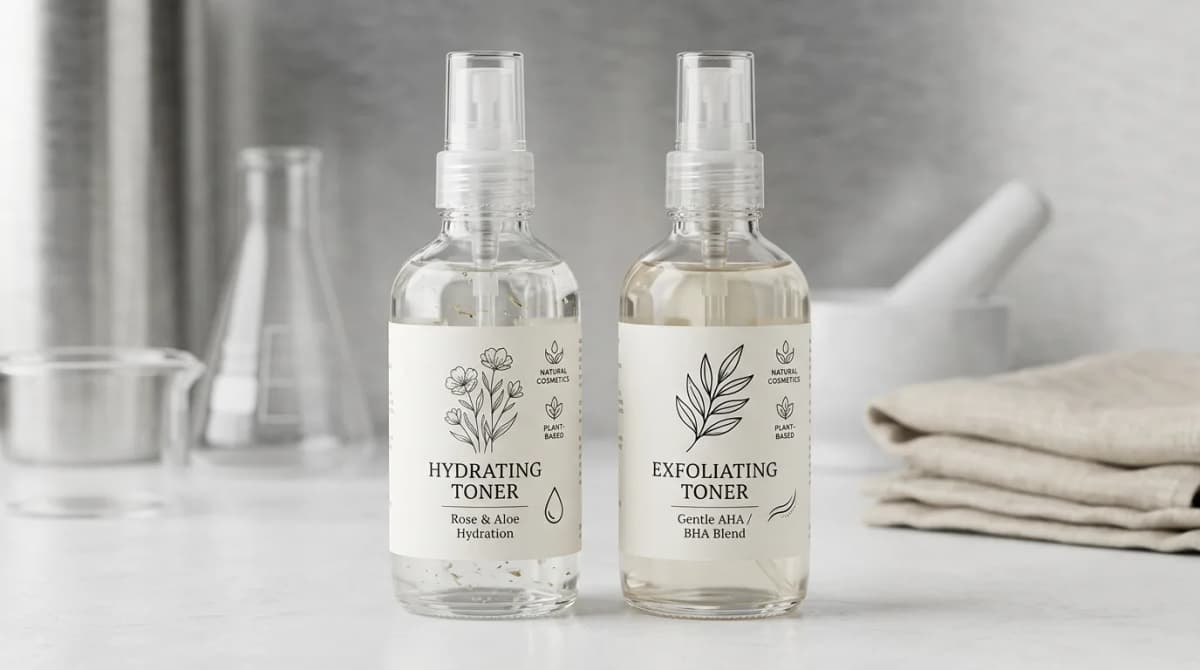 Two glass bottles with clear toner formulations side by side — one labelled hydrating toner, one exfoliating toner — on minimalist white cosmetic lab background, studio lighting
