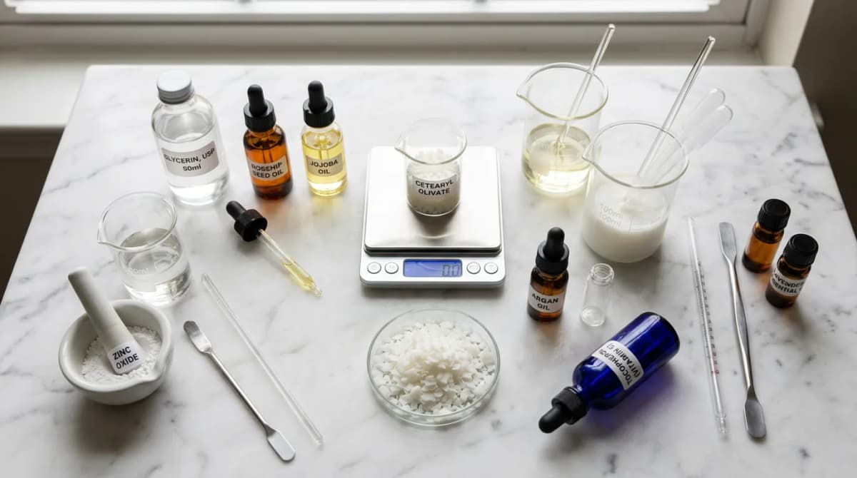 Flat lay bahan-bahan kimia kosmetik profesional - botol gliserin, butiran emulsifier putih, botol kaca kecil berisi minyak nabati, timbangan digital, gelas beaker dan pipet yang ditata di permukaan marmer putih, fotografi dengan cahaya alami yang lembut