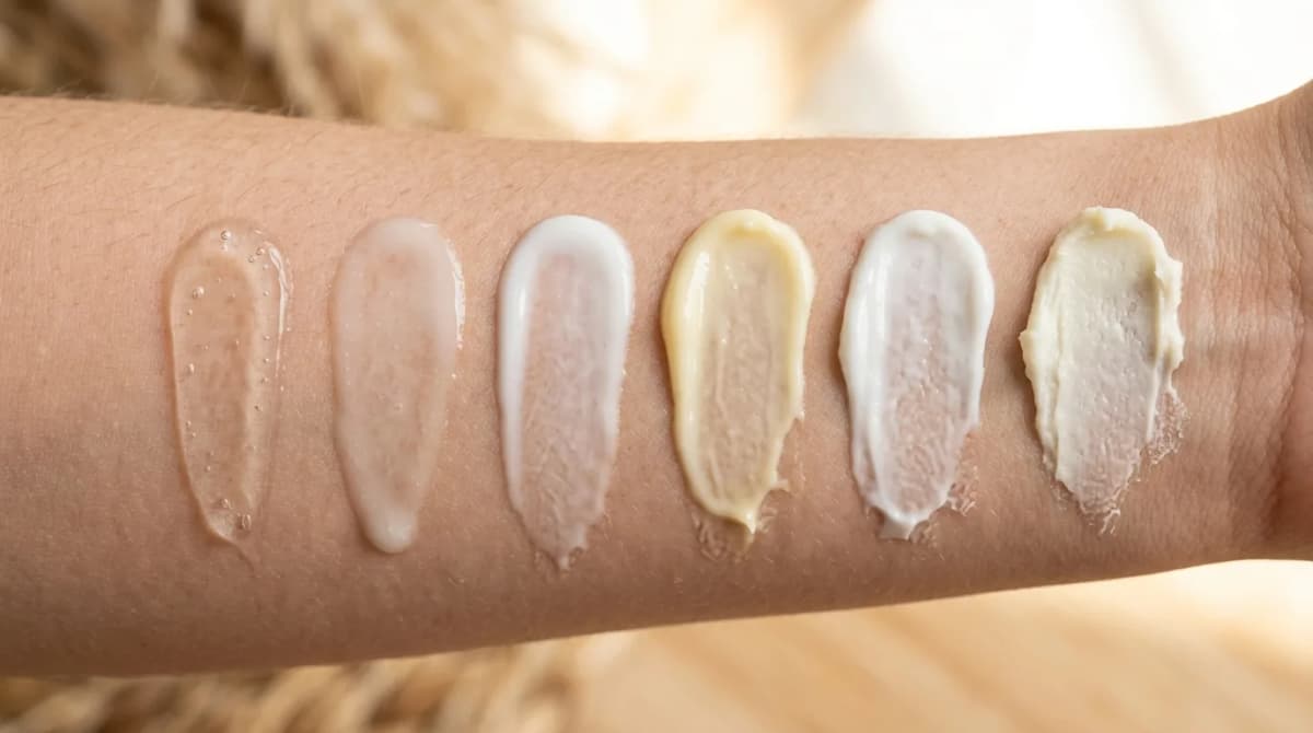 Fotografi makro close-up berbagai swatch tekstur krim di kulit - dari gel transparan yang ringan hingga krim kental yang kaya, menunjukkan penyebaran dan penyerapan, pencahayaan studio lembut dengan nada hangat