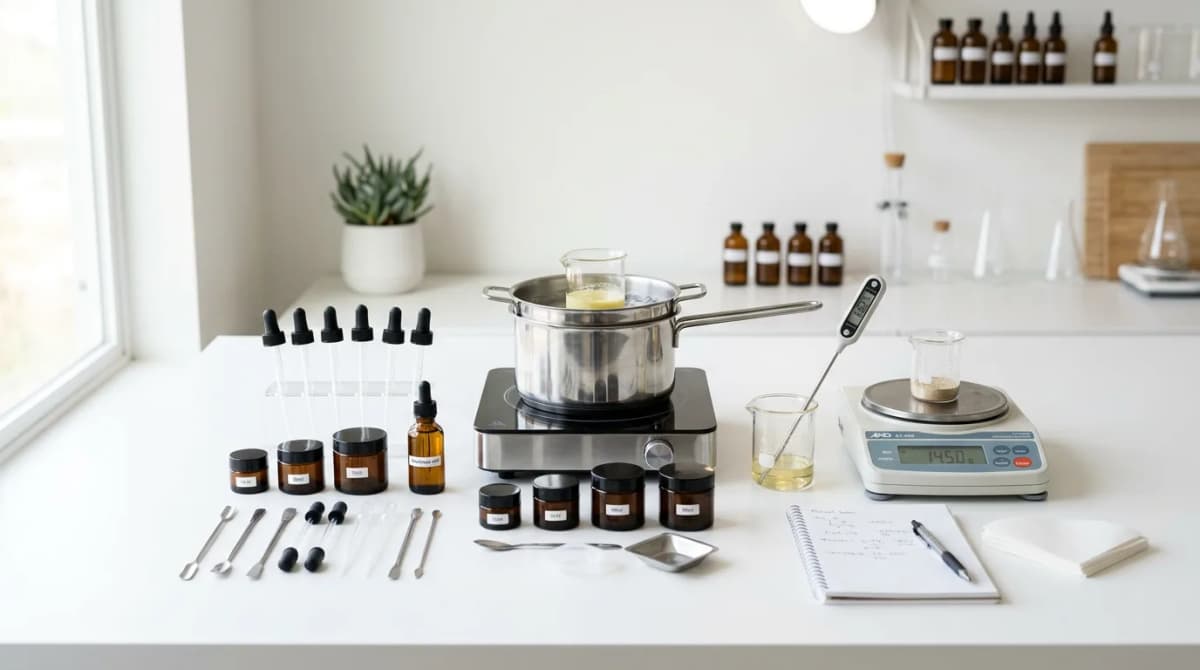 Pengaturan laboratorium kosmetik rumahan minimalis - double boiler stainless steel, termometer digital, timbangan presisi, botol kaca amber kecil, pipet dan spatula tersusun rapi di atas meja putih bersih, pencahayaan overhead yang terang