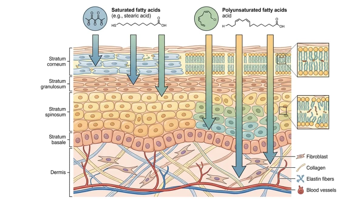 Detailed cross-section diagram of human skin layers showing penetration pathways of different fatty acid types with arrows indicating depth, saturated fatty acids staying in stratum corneum versus polyunsaturated reaching deeper layers, scientific illustration style with labels