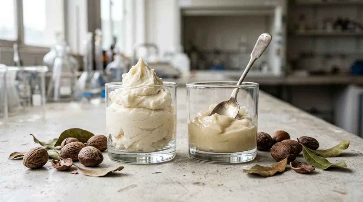 Dua stoples kaca berisi shea butter berdampingan di atas meja laboratorium: yang satu dikocok hingga membentuk puncak yang kokoh, sedangkan yang lain lunak dan mengempis, dengan biji shea mentah di sekelilingnya
