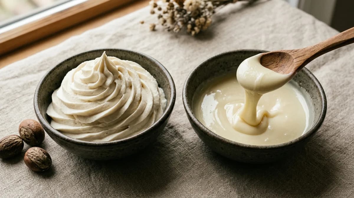 Dua mangkuk keramik berisi body butter: di sebelah kiri, pusaran whipped butter yang kokoh mempertahankan bentuknya; di sebelah kanan, butter lunak mengalir dari sendok kayu